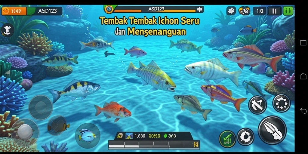 Tangkapan layar menunjukkan aksi menembak ikan yang seru dalam ASD123.