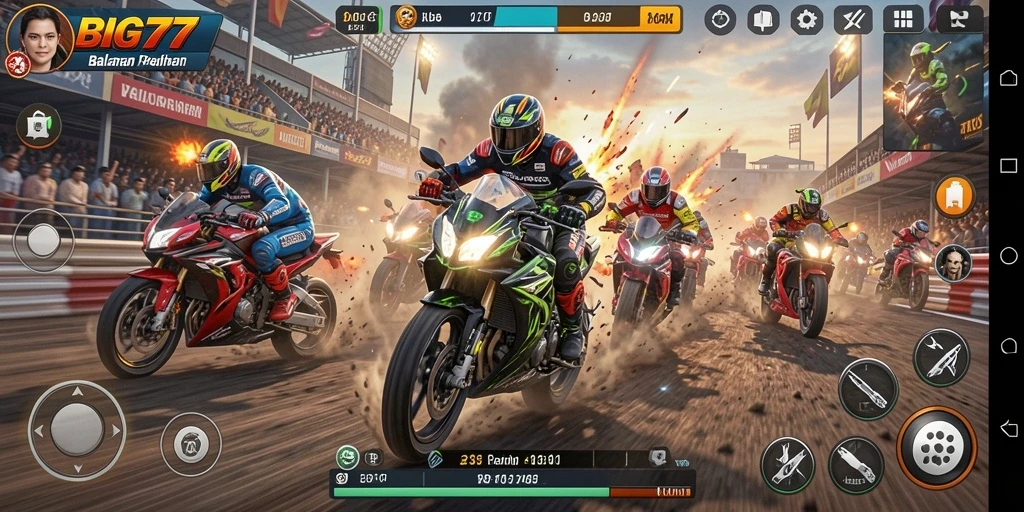 Tampilan gameplay BIG77 yang seru dan penuh aksi balapan motor.