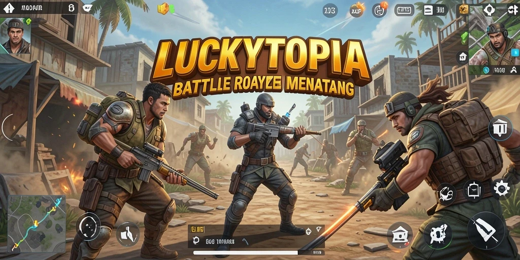 Tangkapan layar menampilkan pertempuran seru di LUCKYTOPIA dengan grafis yang menakjubkan.
