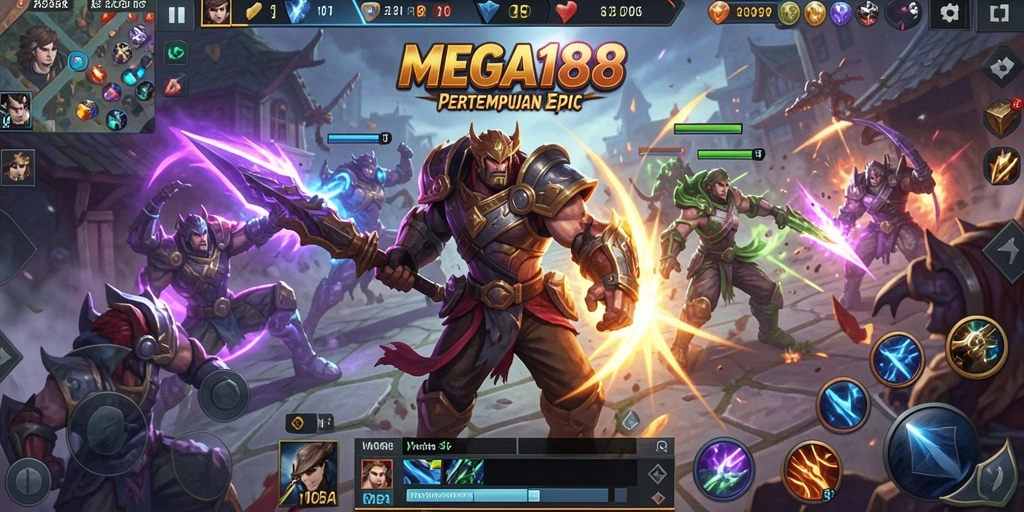 Tampilan gameplay seru dalam pertempuran MOBA di MEGA188.